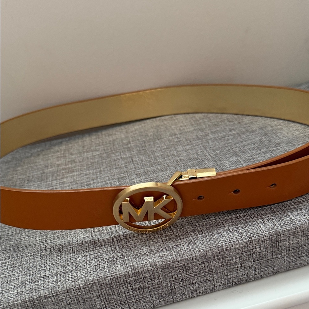Michael Kors Reversible Tan and Gold Belt with Gold MK Buckle (100 CM)